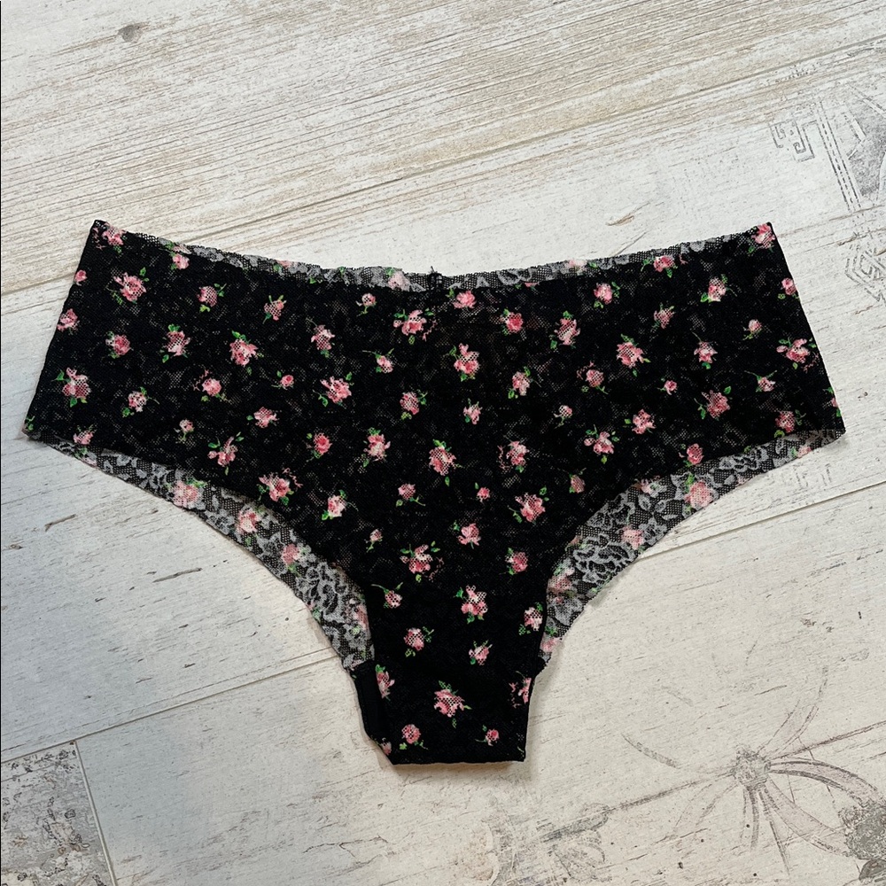 Pink Victoria's Secret Black and Pink Floral Lace Cheekster Panties Medium